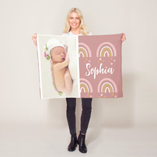 Cute Rosa Baby Photo Rainbow Namn Personlig Fleecefilt