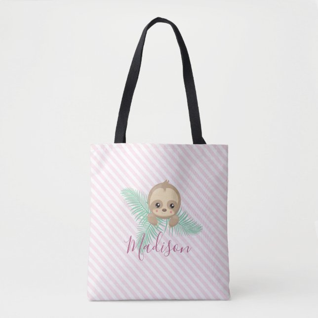 Cute Rosa Baby Sloth Monogram Tote Bag Tygkasse (Framsida)