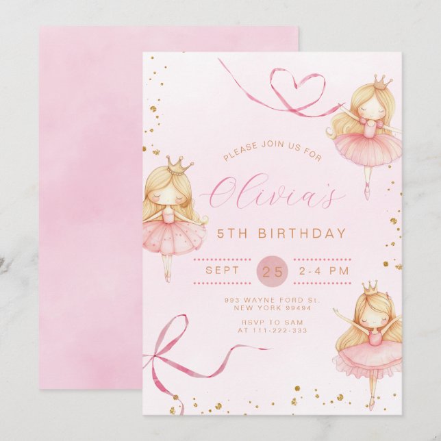 Cute Rosa Ballerina Princess Girl Birthday Inbjudningar (Fram/baksida)
