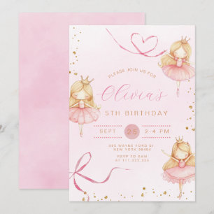 Cute Rosa Ballerina Princess Girl Birthday Inbjudningar