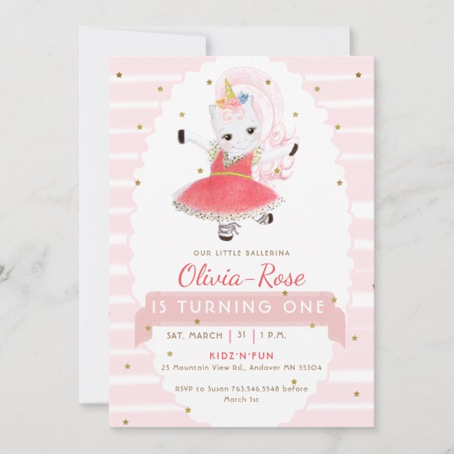 Cute Rosa Ballerina Unicorn Glitter Girl Birday Inbjudningar (Framsida)