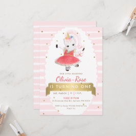 Cute Rosa Ballerina Unicorn Guld Girl Birday Inbjudningar