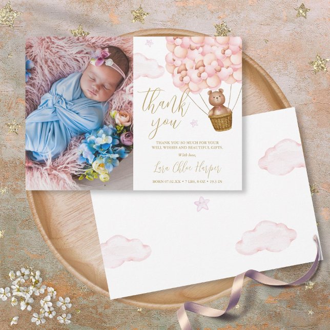 Cute Rosa Balloations Bear Newborn Baby Photo Tack Kort (Cute Pink Balloons Bear Newborn Baby Photo Thank You Card)