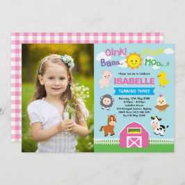 Cute Rosa Barnyard Boskap 1:a födelsedagsfoto Inbjudningar