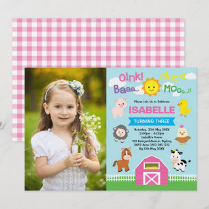 Cute Rosa Barnyard Boskap 1:a födelsedagsfoto Inbjudningar