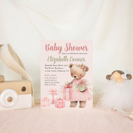 Cute Rosa Bear Baby Shower Girl-inbjudan Inbjudningar