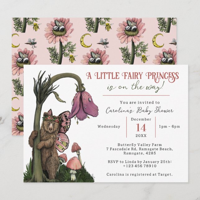 Cute Rosa Bear Fairy Princess Girl Baby Shower Inbjudningar (Fram/baksida)