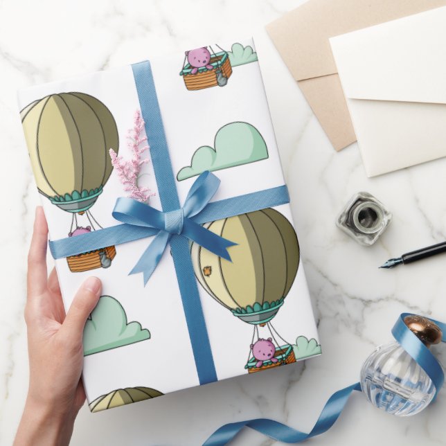 Cute Rosa Bear i Luftballong Illustrated Gift Presentpapper (Gifting)