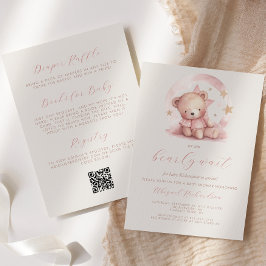 Cute Rosa Bear QR Code Girl Baby Shower Inbjudningar