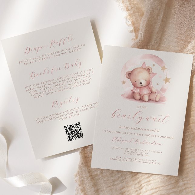 Cute Rosa Bear QR Code Girl Baby Shower Inbjudningar (Skapare uppladdad)