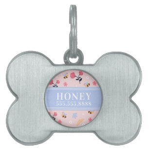 Cute Rosa Bee Blommigt Namn Monogram Framework ID-bricka Husdjur