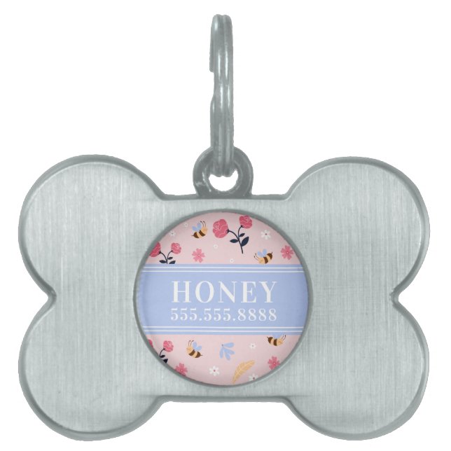 Cute Rosa Bee Blommigt Namn Monogram Framework  ID-bricka Husdjur (Framsidan)