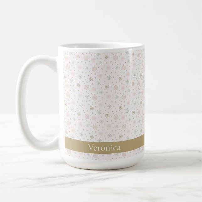 Cute Rosa & Beige Snowflake Mönster jul Namn Kaffemugg (Vänster)