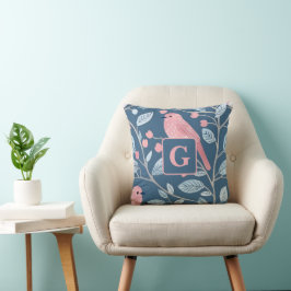 Cute rosa Birblue grått personlig monogram Kudde