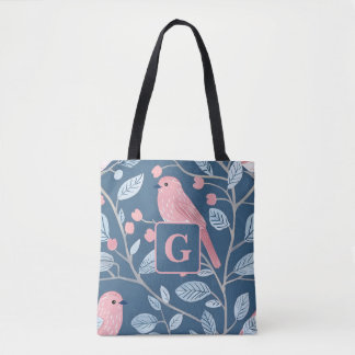 Cute rosa Birblue grått personlig monogram Tygkasse