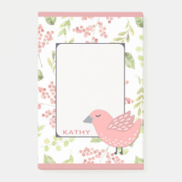 Cute Rosa Bird Blommigt Post-it Block