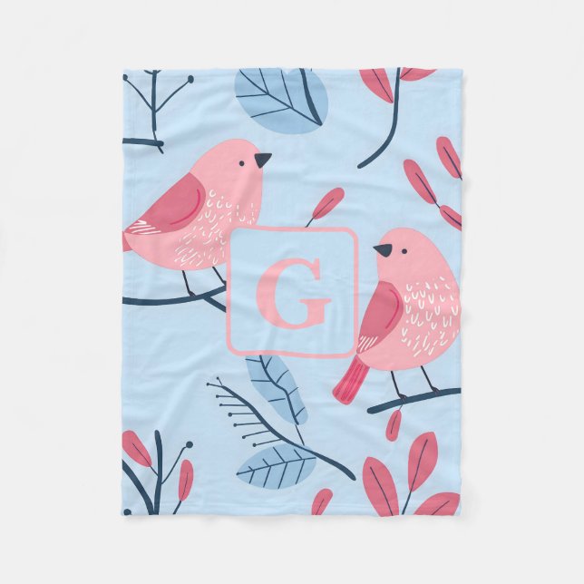 Cute rosa bird on light blue personlig children fleecefilt (Framsidan)