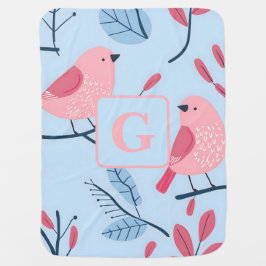 Cute rosa bird on light blue personlig monogram bebisfilt