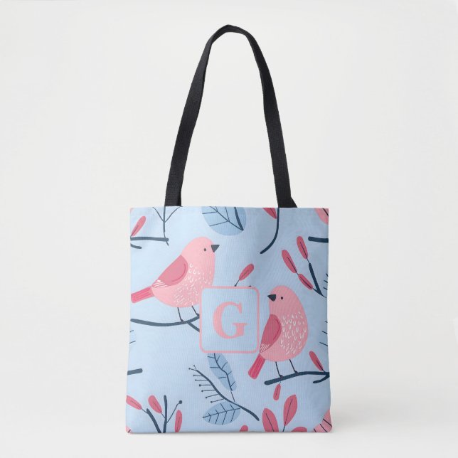 Cute rosa bird on light blue personlig monogram tygkasse (Framsida)