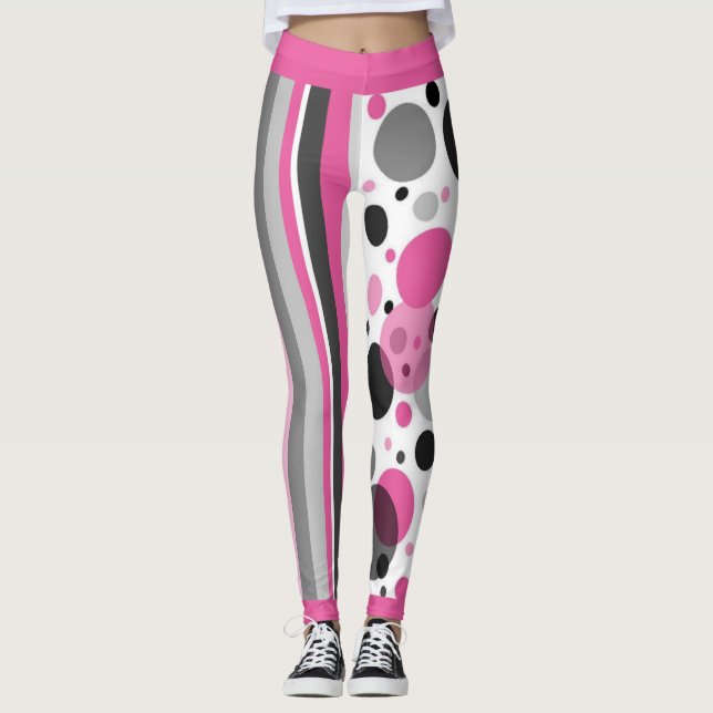 Cute Rosa Black & Grått Abstrakt Polka Dot Leggings (Framsida)