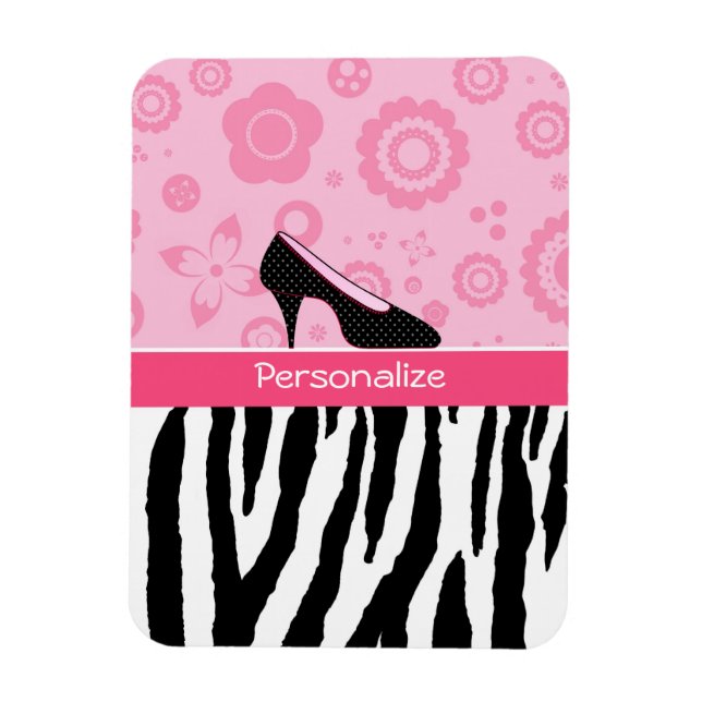 Cute Rosa Black Shoes Trendig Zebra tryck med Namn Magnet (Vertikal)
