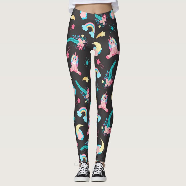 Cute Rosa Black Unicorn Rainbow Blommigt Stars Leggings (Framsida)