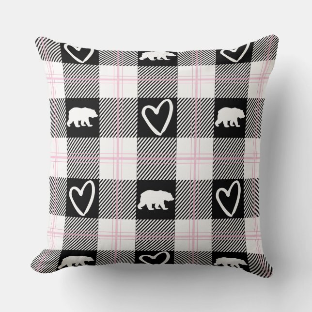Cute Rosa Black & White Bear och Heart Flanals Kudde (Framsida)