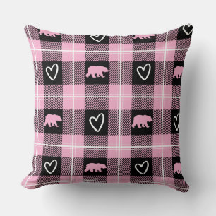 Cute Rosa Black & White Bear och Heart Flanals Kudde
