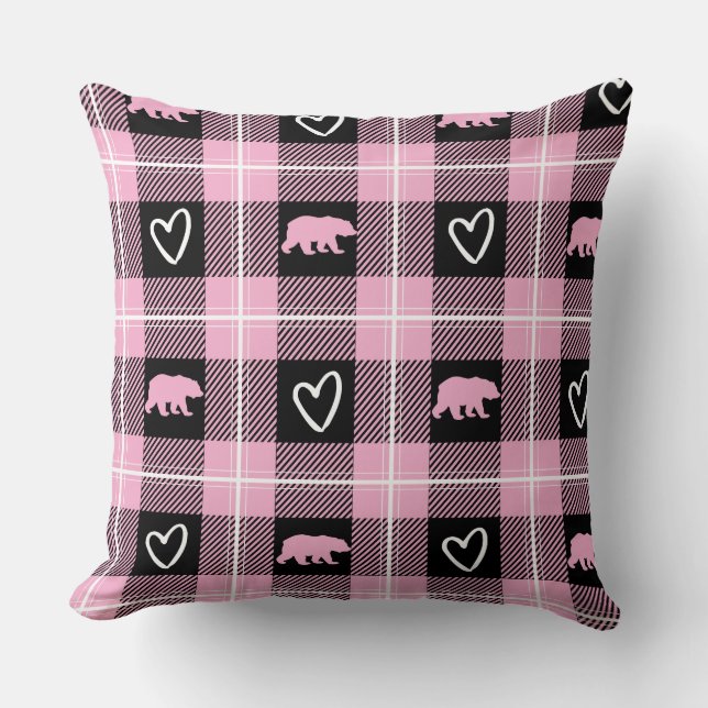Cute Rosa Black & White Bear och Heart Flanals Kudde (Framsida)