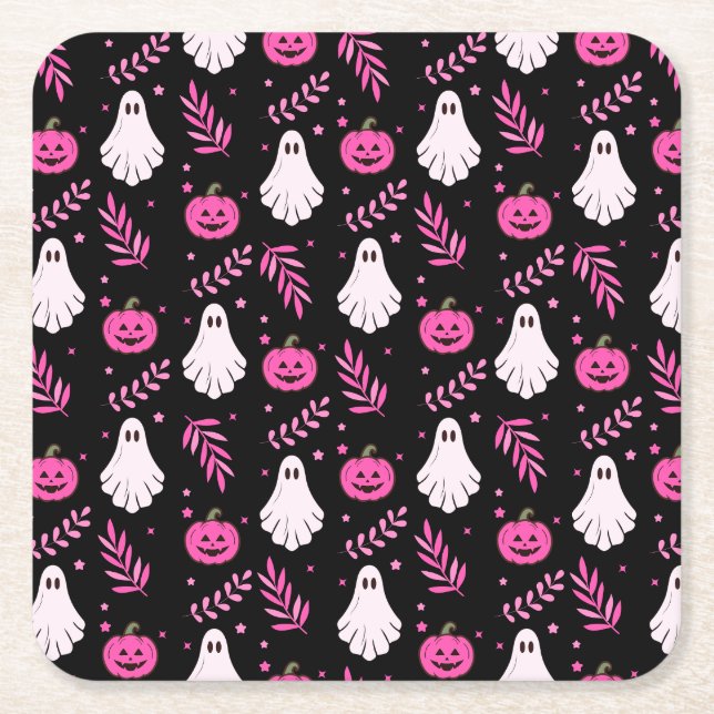 Cute Rosa Black White Halloween fest Underlägg Papper Kvadrat (Framsidan)
