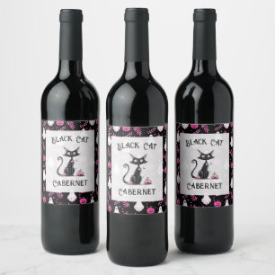 Cute Rosa Black White Halloween fest Vinflaska Etikett
