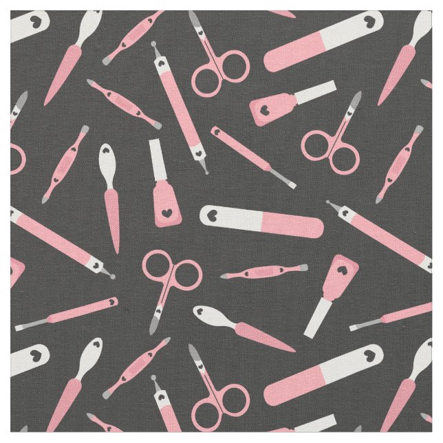 Cute Rosa Black White Manicurist Verktyg Mönster Tyg (Närbild)