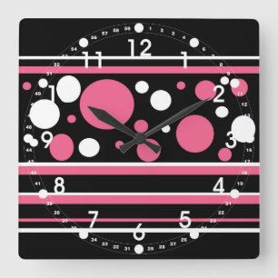 Cute Rosa Black White Rand Polka dots Mönster Fyrkantig Klocka