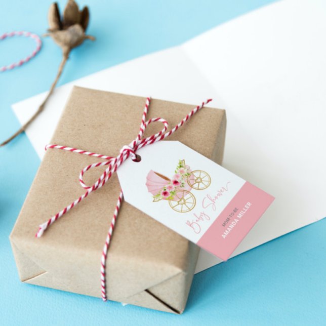 Cute rosa blomdekorerad baby barnvagn presentetikett (Skapare uppladdad)