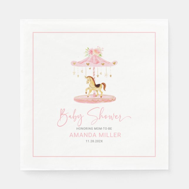 Cute rosa blomdekorerad pony carousel pappersservett (Framsidan)