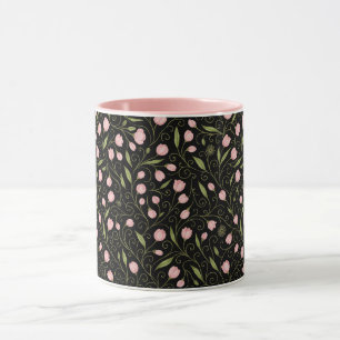 Cute, rosa blomma i svart med upprepad mönster mugg