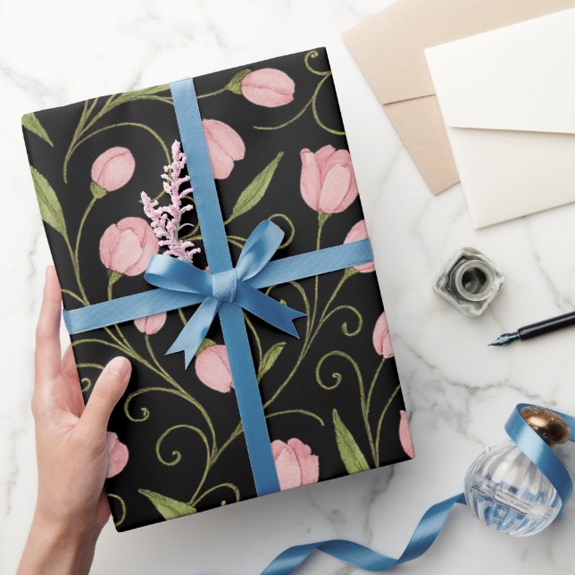 Cute, rosa blomma i svart med upprepad mönster presentpapper (Gifting)