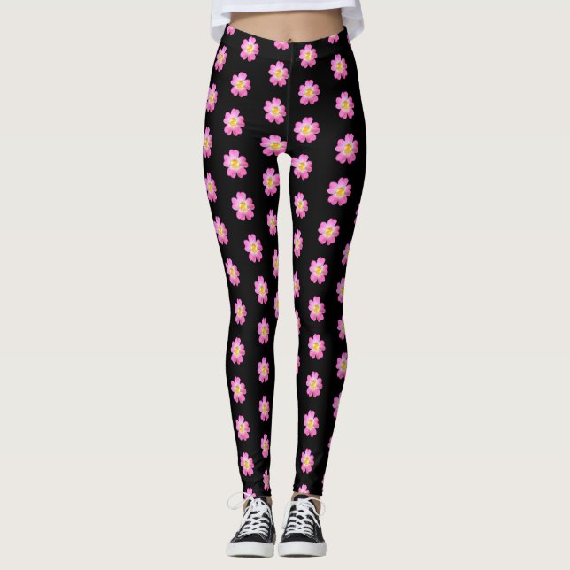 Cute rosa-blomman mönster på svarta baljväxter leggings (Framsida)