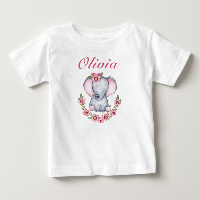 Cute Rosa Blommigt Baby Elephant Girls T Shirt (Framsida)