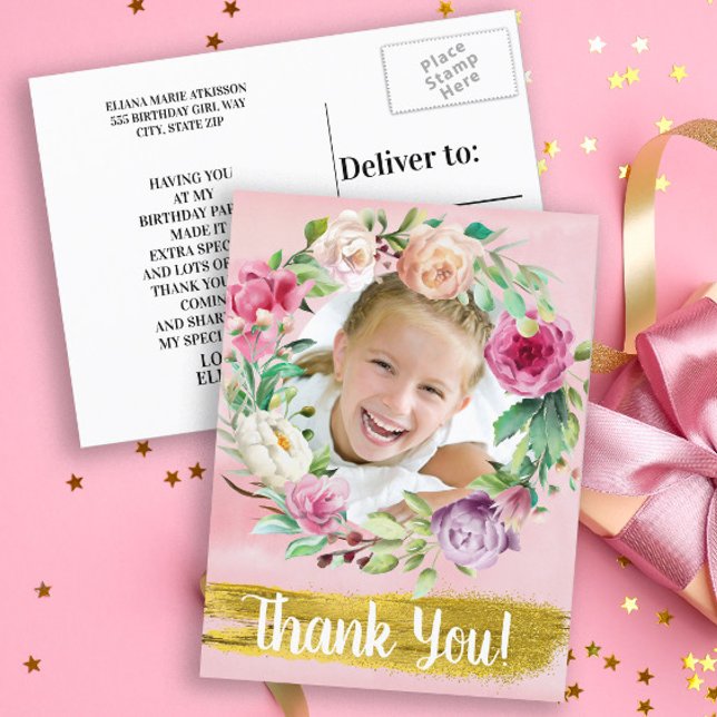 Cute Rosa Blommigt Barns födelsedagsfoto Tack Vykort (Pink floral and gold little girl's birthday party custom photo "Thank you" card. )