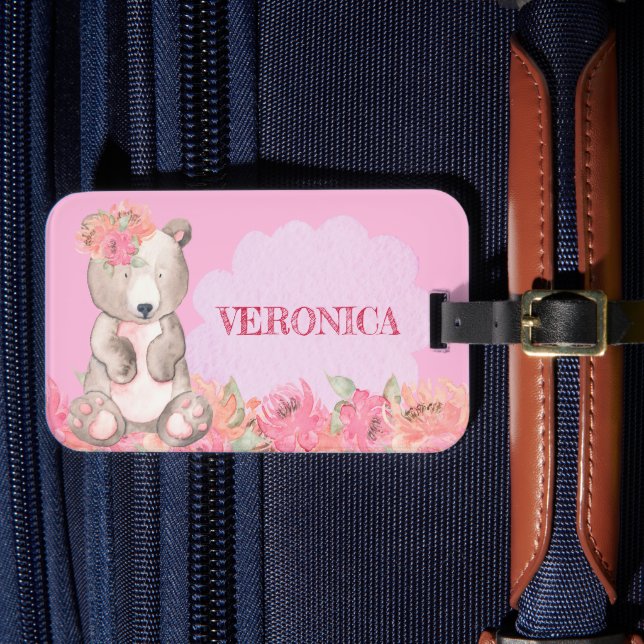 Cute Rosa Blommigt Boho Bear Girls Travel Bagagebricka (Framsida Insitu 4)