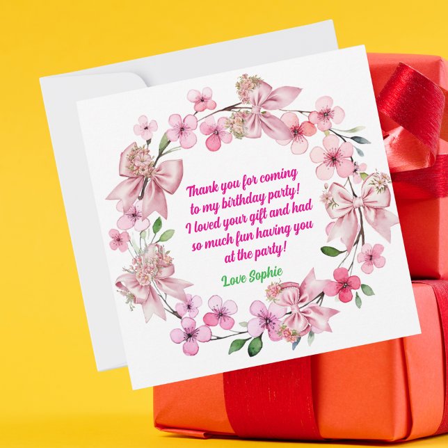 Cute Rosa Blommigt Bow Girl Birto Birday Tack Kort (Skapare uppladdad)