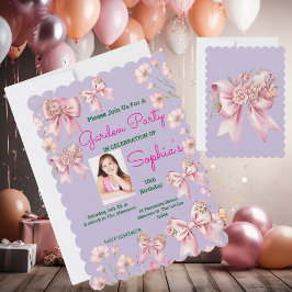 Cute Rosa Blommigt Bow Girly Photo Birthday Inbjudningar