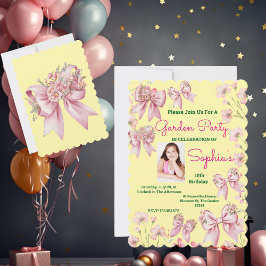 Cute Rosa Blommigt Bow Girly Photo Birthday Inbjudningar