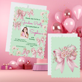 Cute Rosa Blommigt Bow Girly Photo Birthday Inbjudningar