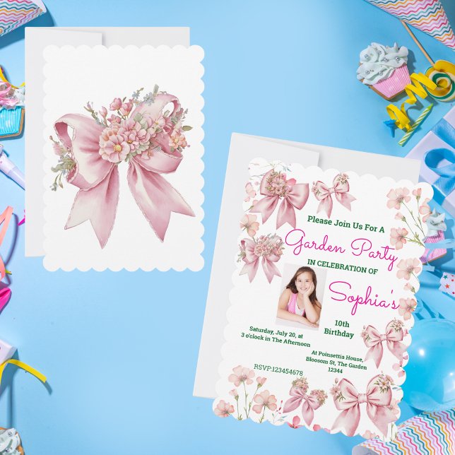 Cute Rosa Blommigt Bow Girly Photo Birthday Inbjudningar (Skapare uppladdad)