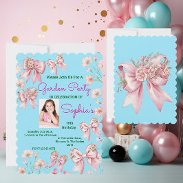 Cute Rosa Blommigt Bow Girly Photo Birthday Inbjudningar