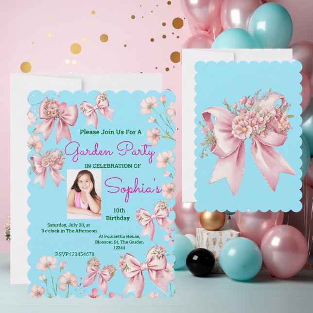Cute Rosa Blommigt Bow Girly Photo Birthday Inbjudningar (Skapare uppladdad)