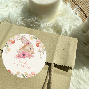 Cute Rosa Blommigt Bunny Baby Shower Runt Klistermärke
