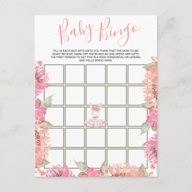 Cute Rosa Blommigt Bunny Bingo Baby Shower Game Ca Inbjudan Vykort (Framsida)